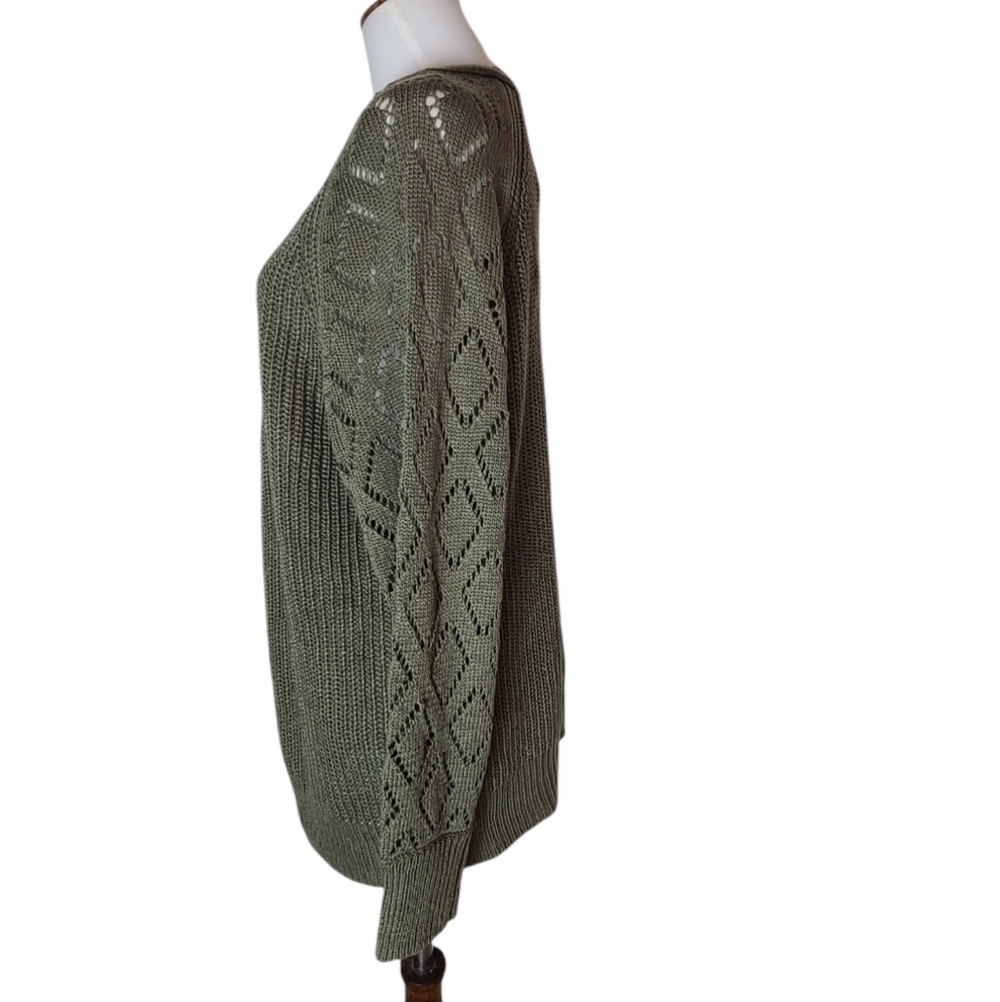Marled Olive Green Cable Knit Open Front Cardigan Cozy Fall Boho Small NWT - Picture 4 of 9